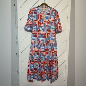 Vibrant Red and Blue Geometric Midi Dress